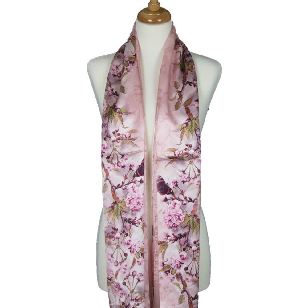 Pink Cherry Blossom Mulberry Satin Silk Long Scarf